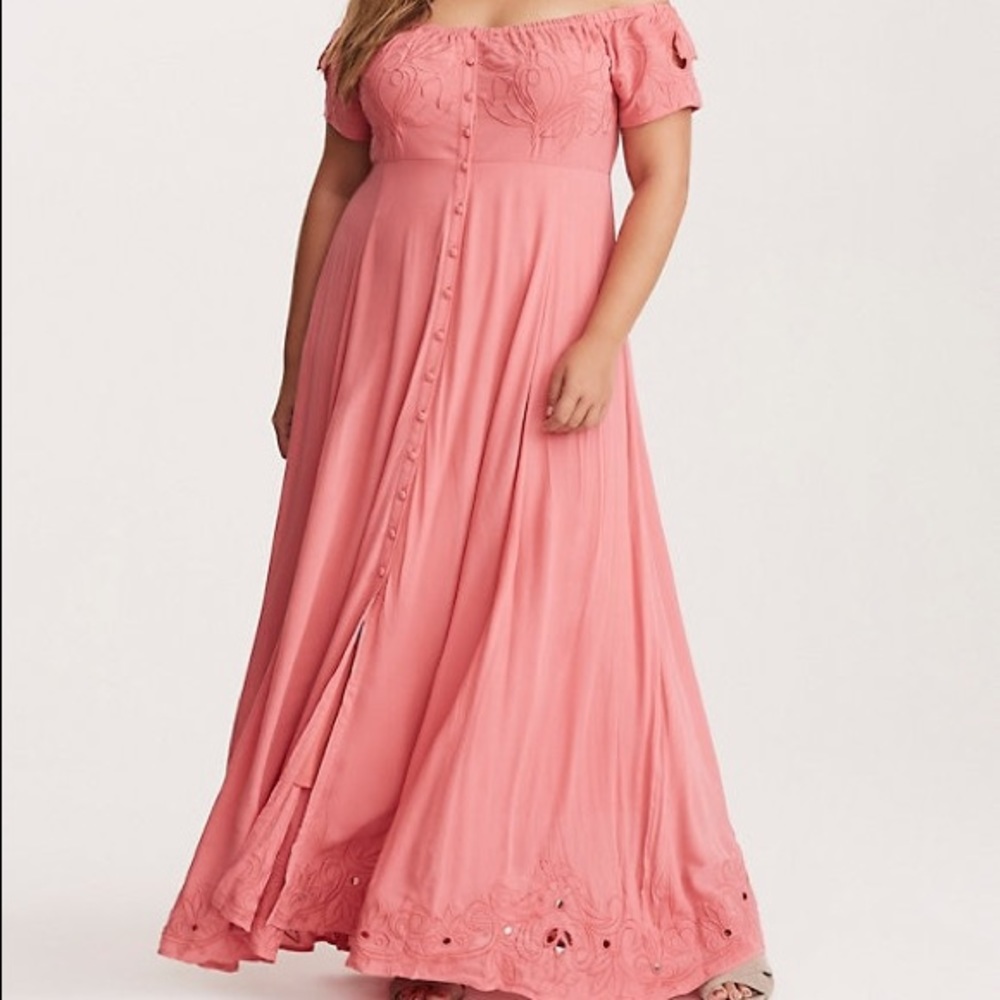 Pink Off-Shoulder Embroidered Maxi Dress